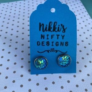 Teal mermaid scale hypoallergenic stud earrings